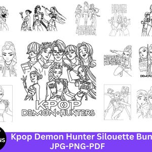 May include: A black and white illustration bundle featuring multiple Kpop Demon Hunter designs. The image includes various group and individual character silhouettes, with the text "Kpop Demon Hunter Silouette Bundle" and "10+ Designs".