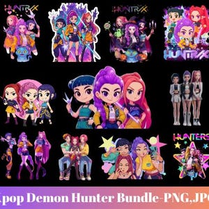 Puede incluir: Una colección de gráficos coloridos de Kpop Demon Hunter. Las imágenes presentan ilustraciones estilizadas de personajes de estilo anime con cabello y atuendos vibrantes. Los textos "HUNTRAX" y "Hunters" son visibles en algunos gráficos. La parte inferior de la imagen tiene el texto "Kpop Demon Hunter Bundle - PNG, JPG".