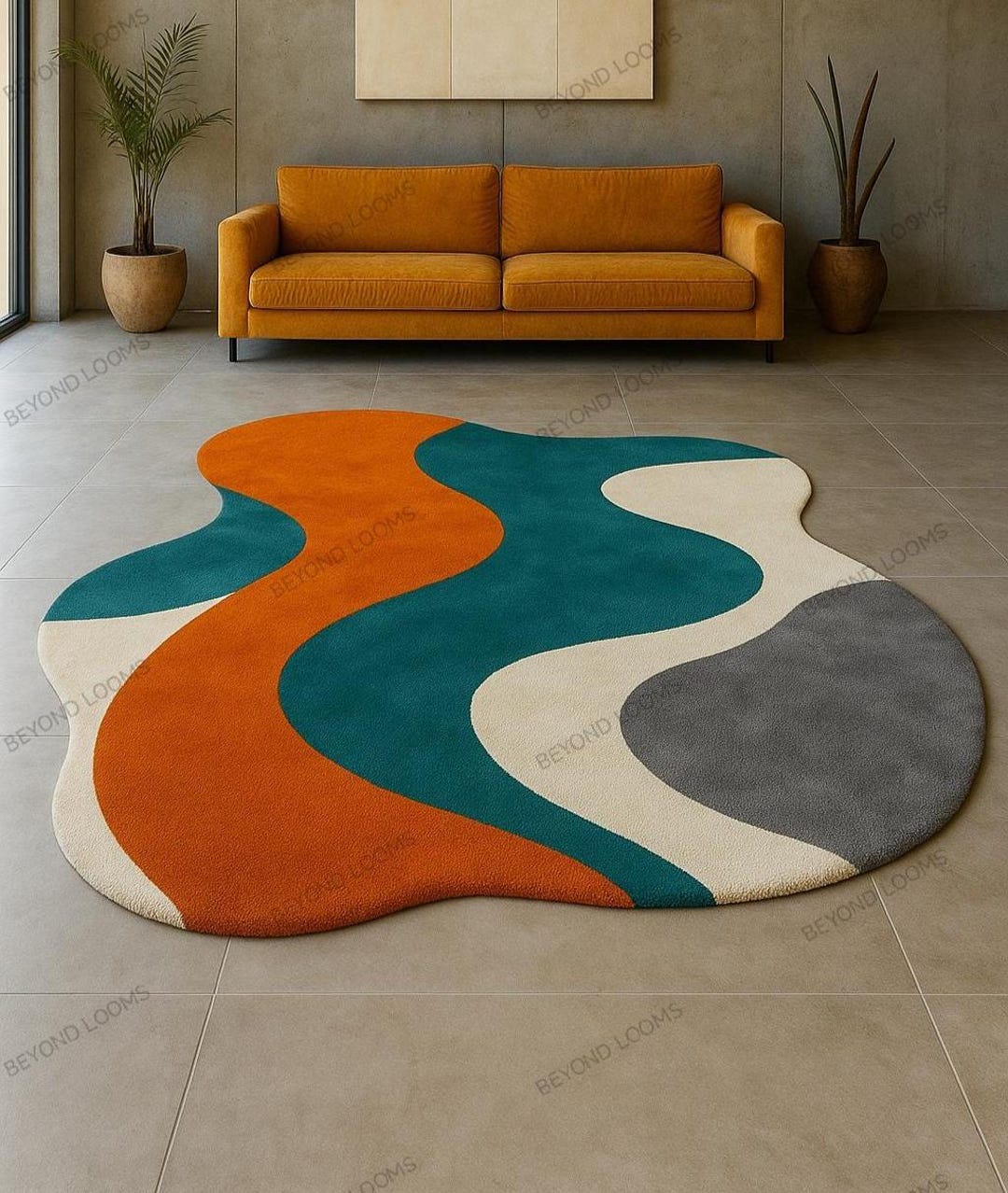 Simple Abstract Modern Rug Modern Abstract Organic-shape Area Rug – Multicolor Wavy Teal Orange ...