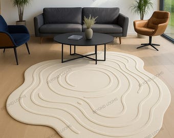 Hand-Tufted Irregular Wool Rug, Modern White Tone, High-Low Pile