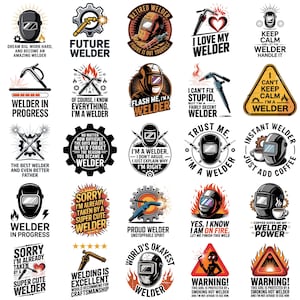 Puede incluir: Colección de diseños gráficos con temática de soldador. Incluye imágenes de cascos de soldadura, herramientas y texto como "Future Welder", "I Love My Welder" e "Instant Welder, Just Add Coffee". Los diseños presentan varios colores y estilos.