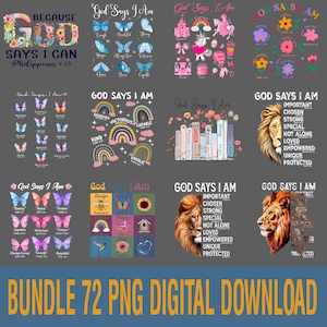 Puede incluir: Un paquete de descarga digital con 72 diseños PNG con citas y gráficos inspiradores. Los diseños incluyen mariposas, arcoíris, leones, flores y texto que dice "Dios dice que yo soy".