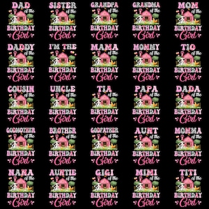 Puede incluir: Fondo negro con múltiples gráficos rosas y blancos con temática de cumpleaños. Cada gráfico presenta un granero, animales de granja y las palabras "Birthday Girl" con el título de un familiar.