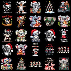 Może przedstawiać: Kolekcja ilustracji z koalami w świątecznym klimacie. Koale przedstawione są w różnych świątecznych scenach, w czapkach Świętego Mikołaja, trzymające prezenty i jedzące pizzę. Niektóre obrazy zawierają tekst, np. "Merry Christmas" i "Feliz Navidad".