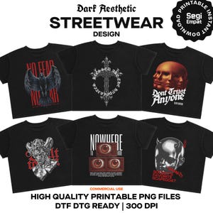 May include: Six black t-shirts featuring graphic designs. The designs include a raven with the text NO FEAR, a gothic cross, a face with the text DONT TRUST ANYONE, a horned figure, three televisions with eyes, and a metallic head with the text SCAPEGOAT.