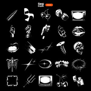 May include: A monochrome graphic design with diverse illustrations: a bullet, chair, cherries, dice, TV, hand gesture, chess piece, ice lolly, knuckle dusters, lips, razor blade, starburst, screw, skull, rib cage, barbed wire frame, trident, lighter, and teeth.