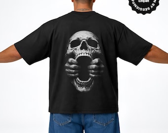 Design PNG per t-shirt horror streetwear a mezzitoni / Maglietta con grafica teschio stampabile in formato DTF, pronta per l'abbigliamento