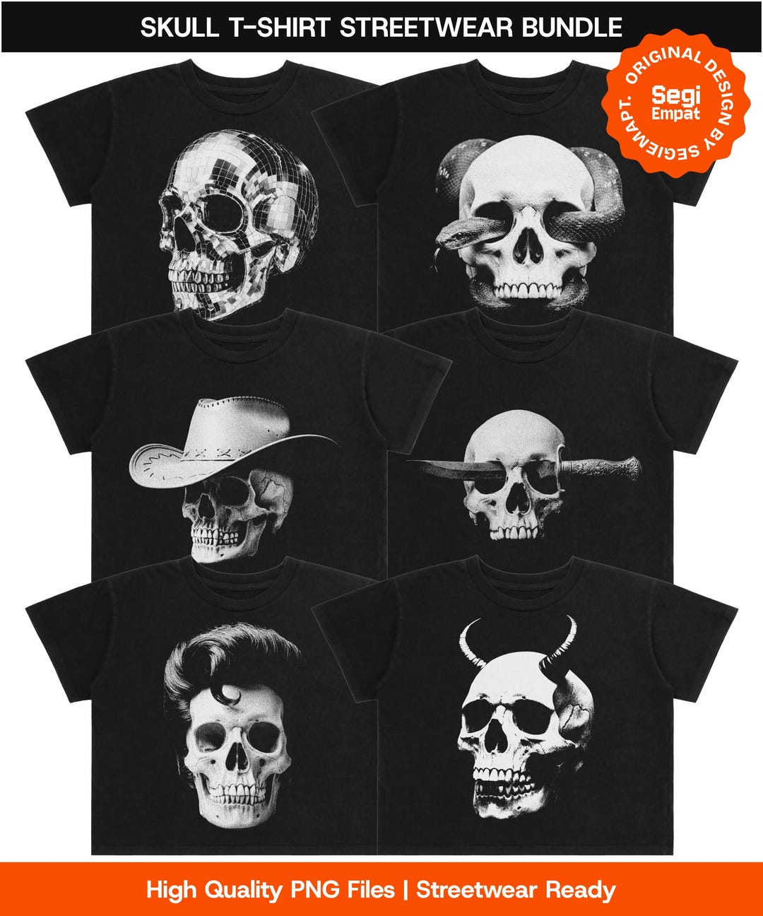 Halftone Skull Streetwear PNG T-shirt Designs Bundle | Horror