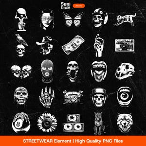 May include: A series of white graphic illustrations on a black backdrop. The images include a skull with a helmet, a butterfly, a cat, a raven, a skull with a cowboy hat, a hand, a cassette tape, and more. The text at the bottom reads "STREETWEAR Element | High Quality PNG Files."