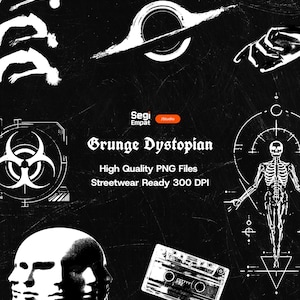 May include: A digital graphic collection featuring white illustrations on a black background, including a skeleton, a biohazard symbol, a cassette tape, a black hole, and multiple human heads. Text reads: Segi Empat Studio Grunge Dystopian.