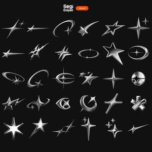 May include: A collection of thirty individual chrome-finished star and celestial icons arranged in a grid on a black background. Each graphic features a metallic, reflective surface with sharp points, curved orbits, and various geometric shapes.