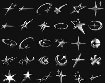 Retro Y2K Metal Chrome Star Clip Art PNG Icons for Streetwear T-Shirt Graphics Bundle