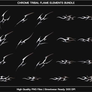 Puede incluir: Conjunto de elementos de llamas tribales cromadas sobre un fondo negro. La imagen presenta varios diseños de llamas plateadas, incluyendo formas angulares y formas alargadas y fluidas. El texto en la parte superior dice "CHROME TRIBAL FLAME ELEMENTS BUNDLE".