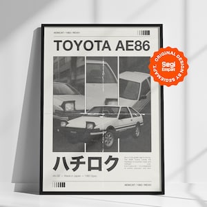 May include: Black framed poster featuring a Toyota AE86 car in a collage style. The poster includes the text "TOYOTA AE86" and Japanese characters. The design is in black and white with a vintage aesthetic.