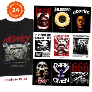 Puede incluir: Una colección digital de 24 diseños de camisetas streetwear con estampados gráficos que incluyen dinero, calaveras, serpientes, girasoles y tipografía oscura. El paquete incluye archivos PNG de alta calidad con elementos de texto como Poison, Blessed, Avarice, The Future Failed Us, Immortal, Brutal Tomorrow, Dark Omen y 666.