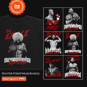 Könnte beinhalten: Schwarzes T-Shirt mit einer Grafik eines Kämpfers, der einen Meisterschaftsgürtel hält, mit dem Text "THE EAGLE" und "NURMAGOMEDOV KHABIB". Das Bild enthält auch eine Collage anderer Kämpfer. Der Text "FIGHTER STREETWEAR BUNDLE" ist ebenfalls sichtbar.