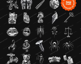 Y2K Streetwear PNG Element Bundle - 25 Retro Chrome Metallic Icons for Clothing Brand Design