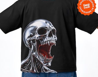 Design per t-shirt streetwear con teschio cromato Y2K in mezzatinta PNG / Grafica retrò per abbigliamento / Pronto per il trasferimento DTF