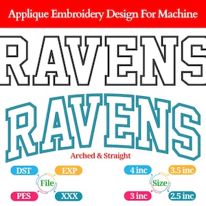 Può includere: Un design di ricamo applicato per macchina da ricamo. Il design presenta la parola "RAVENS" in due stili: dritto e arcuato. Il testo è bianco con contorno nero, e la versione arcuata è turchese con contorno bianco. Dimensioni da 6,35 cm a 10,16 cm.