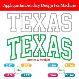 Könnte beinhalten: Applikations-Stickdesign mit dem Wort "TEXAS" in zwei Stilen: einem grauen Umriss und einem grünen, gewölbten Design. Enthält Datei- und Größenoptionen von 6,35 cm bis 10,16 cm.