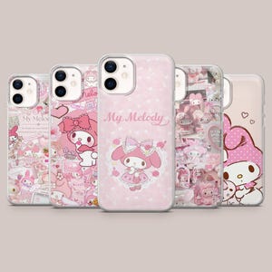 May include: Five pink phone cases with My Melody designs. The cases feature images of the character, bows, hearts, and text. The cases are made of a clear material and have a glossy finish.