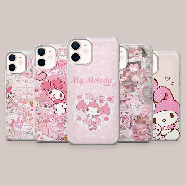 May include: Five pink phone cases with various My Melody designs. The cases feature images of the character, bows, hearts, and text. The cases are made of a clear material and have a glossy finish.