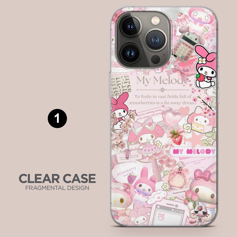 May include: Clear phone case with a fragmented design featuring My Melody characters, strawberries, and text. The case is predominantly pink and white, with a collage-like aesthetic.