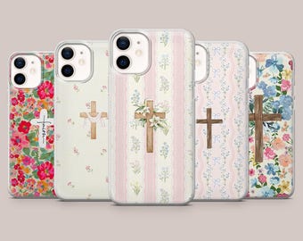 Floral Kreuz Handyhülle Jesus Christian Cover für iPhone 17Pro, 16, 15, 14, 13, 12, Samsung S26, S25, S24, S23Fe, A17, A56, Pixel 10, 9Pro