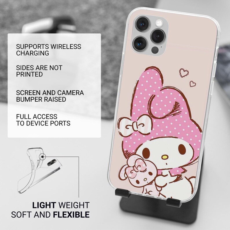 May include: A clear phone case featuring a pink cartoon character with a polka-dot hat and a smaller character. The case has a raised screen and camera bumper and supports wireless charging. The text on the image says "LIGHT WEIGHT SOFT AND FLEXIBLE".