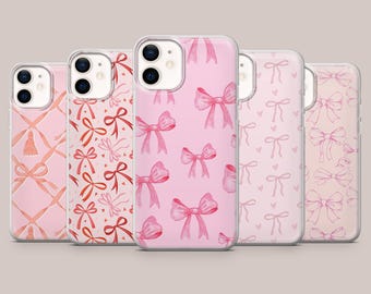 Pink Girly Ribbon Phone Case Bow Pattern Cover for iPhone 17Pro, 16, 15, 14, 13, 12, Samsung S26, S25, S24, S23Fe, A16, A56, Pixel 10, 9Pro