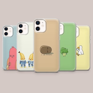 May include: A collection of five phone cases with cartoon food and character designs. The cases feature a sausage, bananas in pajamas, a potato with the text "I am Potato", a broccoli, and a duck with a teacup.