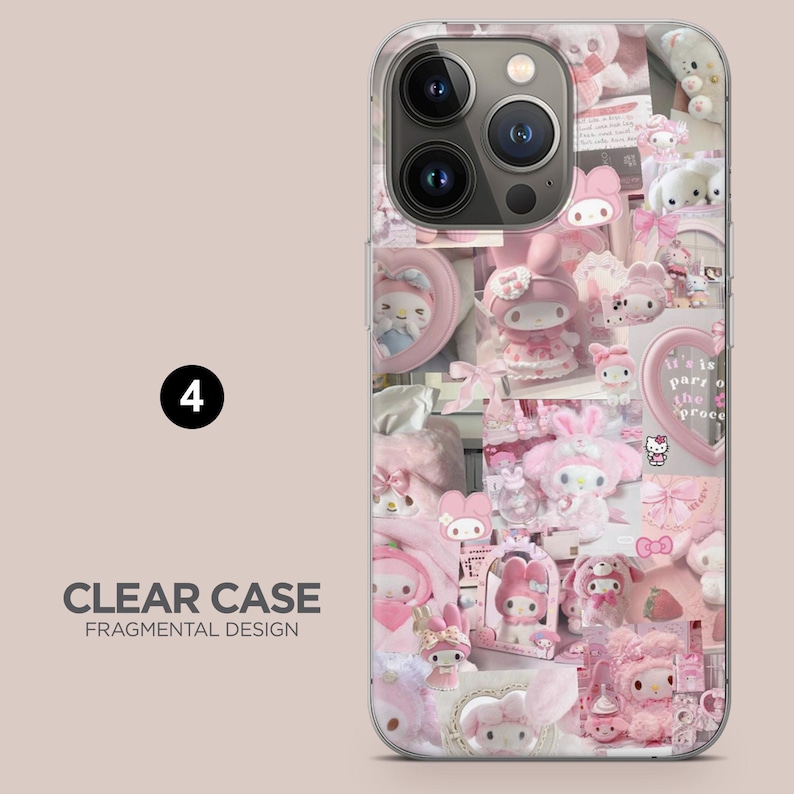 May include: Clear phone case with a fragmented design featuring a collage of pink cartoon characters, bows, and hearts. The case has a clear border and a camera cutout.