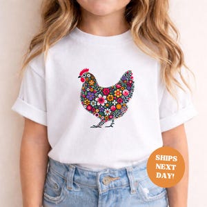 Hühner-Shirt für Kinder, T-Shirt mit Blumenmuster und Hühnermotiv, 100 % weiche Baumwolle, Größen 4–12 Jahre