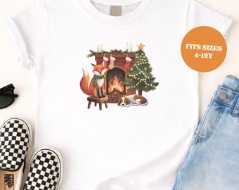 Christmas Shirt, Cozy Fireplace Tee for Kids, 100% Soft Cotton, Ages 4–12Y