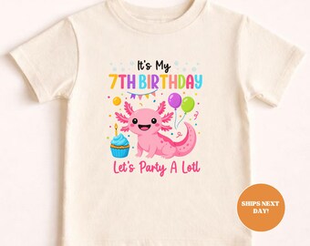 Maglietta per bambini con axolotl per il 7° compleanno, maglietta per feste per ragazze "Festeggiamo un sacco!"