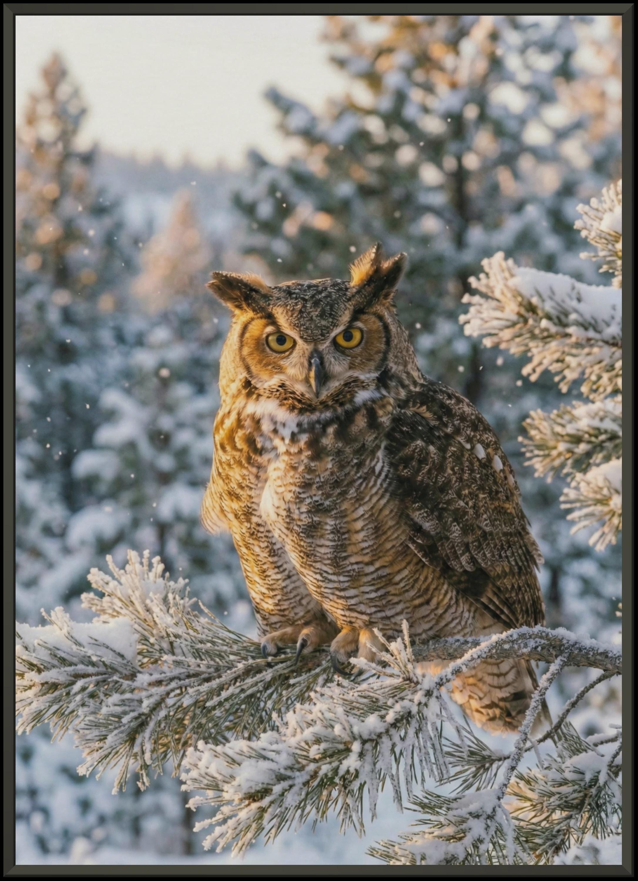 Winter Owl Wall Art, Great Horned Owl Print, Golden Hour Photography, Rustic Farmhouse Decor, Snowy 