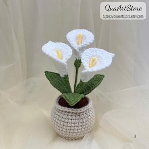 May include: A crocheted calla lily arrangement in a small, beige pot. The white flowers have yellow centers and green stems and leaves. The pot is also crocheted. The shop name and website are visible in the upper right corner.
