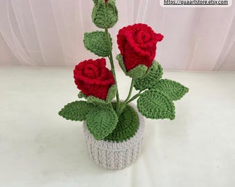 Crochet Potted Rose Mini Knitting Red Rose With Flower Vase Yarn