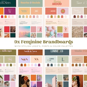 Op de afbeelding: Negen vrouwelijke brandboards met stijlvolle logo's, lettertypen en kleurenpaletten. Elk bord heeft een uniek kleurenschema, logo en lettertypecombinatie. De borden bevatten de tekst "Jenny's Wildflowers", "Sunrise & Socials", "Spring Mood", "Terra & Tide", "Studio Laifa Mae", "North & Nova", "Lumine Co" en "Studio Wildrose".