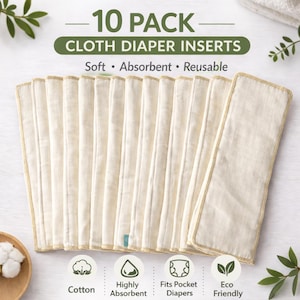 May include: A stack of ten cloth diaper inserts, made of soft, absorbent, and reusable material. The inserts are rectangular with a cream color and a stitched border. Text on the image reads "10 PACK CLOTH DIAPER INSERTS" and "Soft • Absorbent • Reusable."