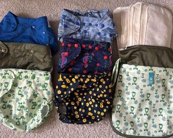 Reusable Cloth Diaper Bundle: 6 Diaper covers + 6 Bamboo Inserts + Free 1 Wetbag