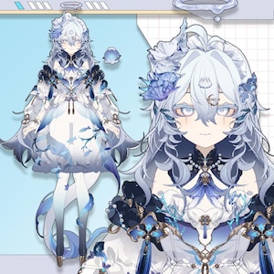 Puede incluir: Ilustración digital de un personaje con cabello largo azul claro y un atuendo blanco y azul detallado. El atuendo presenta adornos con temas acuáticos, incluidos motivos de peces y conchas marinas. El personaje tiene piel clara y ojos azules llamativos.