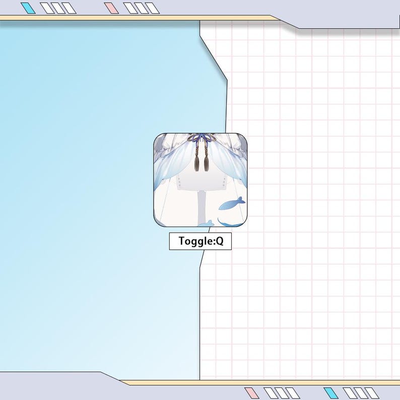 Puede incluir: Interfaz digital con una combinaci&oacute;n de colores azul claro y blanco. Un icono cuadrado con un dise&ntilde;o blanco y azul y dos peces azules est&aacute; en el centro. El texto "Toggle:Q" est&aacute; debajo del icono.