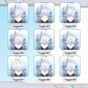 Puede incluir: Nueve variaciones de la cara de un personaje, cada una en una caja separada, con cabello blanco, detalles florales azules y un atuendo oscuro. Cada caja tiene el texto "Toggle:N" seguido de un n&uacute;mero del 1 al 9.