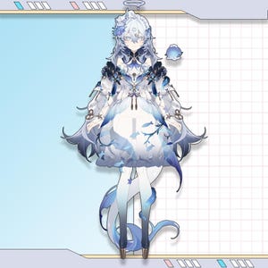 Puede incluir: Ilustraci&oacute;n digital de un personaje con cabello largo azul claro y un halo. El personaje viste un vestido blanco y azul con motivos acu&aacute;ticos, peces y tela fluida. El dise&ntilde;o tiene un estilo de fantas&iacute;a o anime.