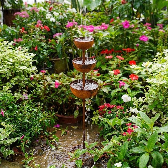 Rustic Metal Rain Catcher, 3-Tier Weathered Iron Bird Bath Garden Stake