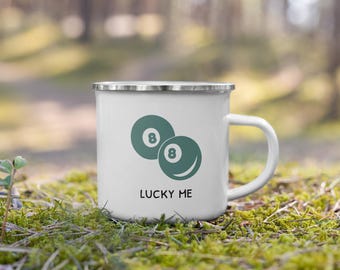 Lucky Me 8 Ball Enamel Mug: Billiards Camping Cup