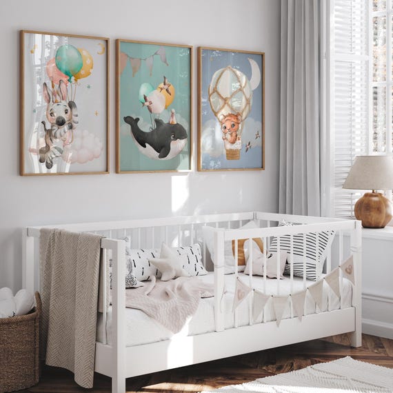 Lot de 3 affiches chambre bébé animaux. Poster bébé tigre, zèbre, baleine. Déco murale enfant. Cadeau naissance original