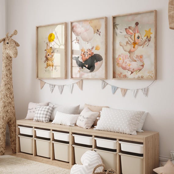 Lot de 3 affiches chambre bébé animaux. Poster bébé lapin, tigre & baleine, guépard. Déco murale enfant. Cadeau naissance.