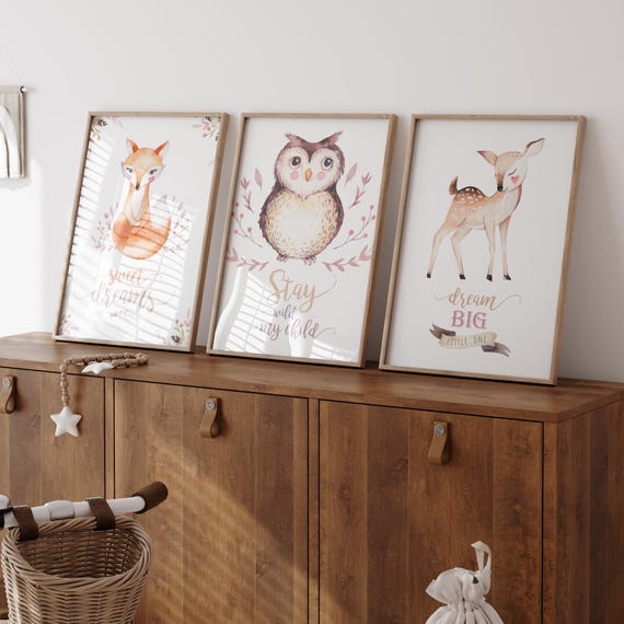 Lot de 3 affiches chambre bébé animaux de la forêt, Faon/biche, hiboux, renard, Poster déco murale enfant, Cadeau naissance